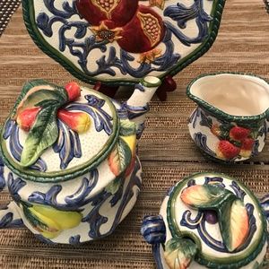 Fitz and Floyd Ceramic Tea Set and Plate